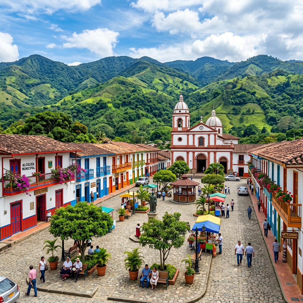 A vibrant view of Pácora’s colonial town square featuring traditional colorful Antioquian-style architecture and mountain landscapes.