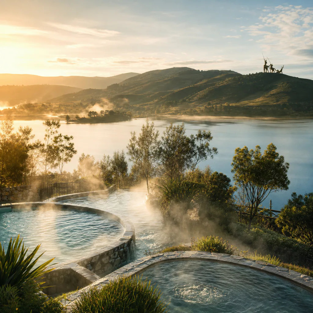 A misty highland view of Paipa with steaming thermal pools, Lake Sochagota, green Boyacá hills, and the Pantano de Vargas monument in warm morning light.