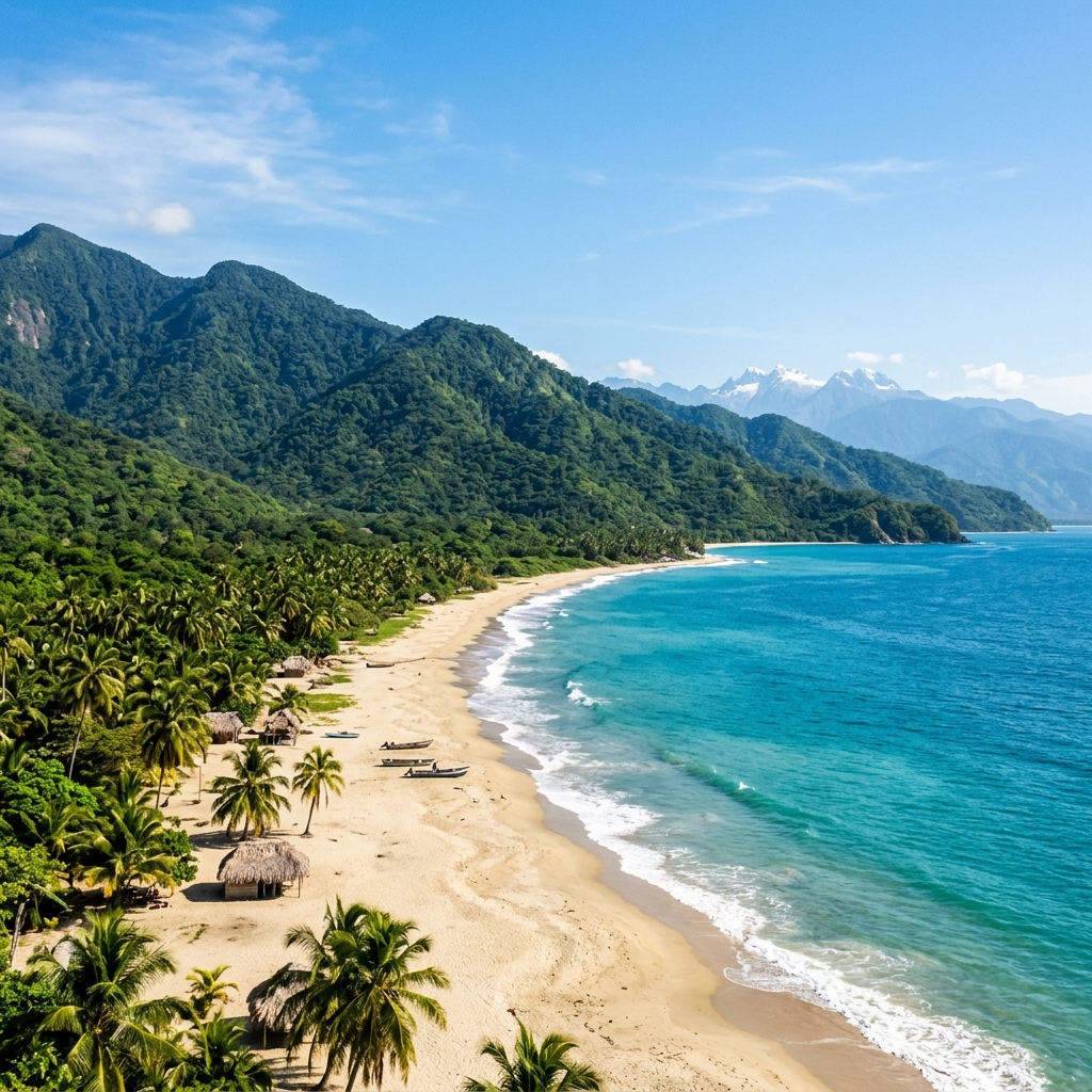 The emerald peaks of the Sierra Nevada de Santa Marta rising directly behind a pristine Caribbean beach in Palomino.