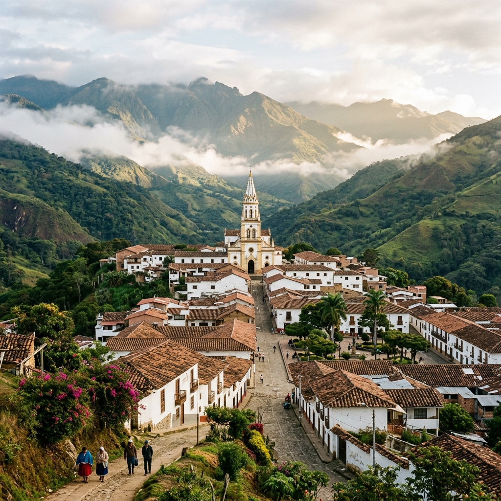 A scenic view of the colonial white-walled buildings and historic church spires in the town of Pamplona set against the misty Andean mountains.