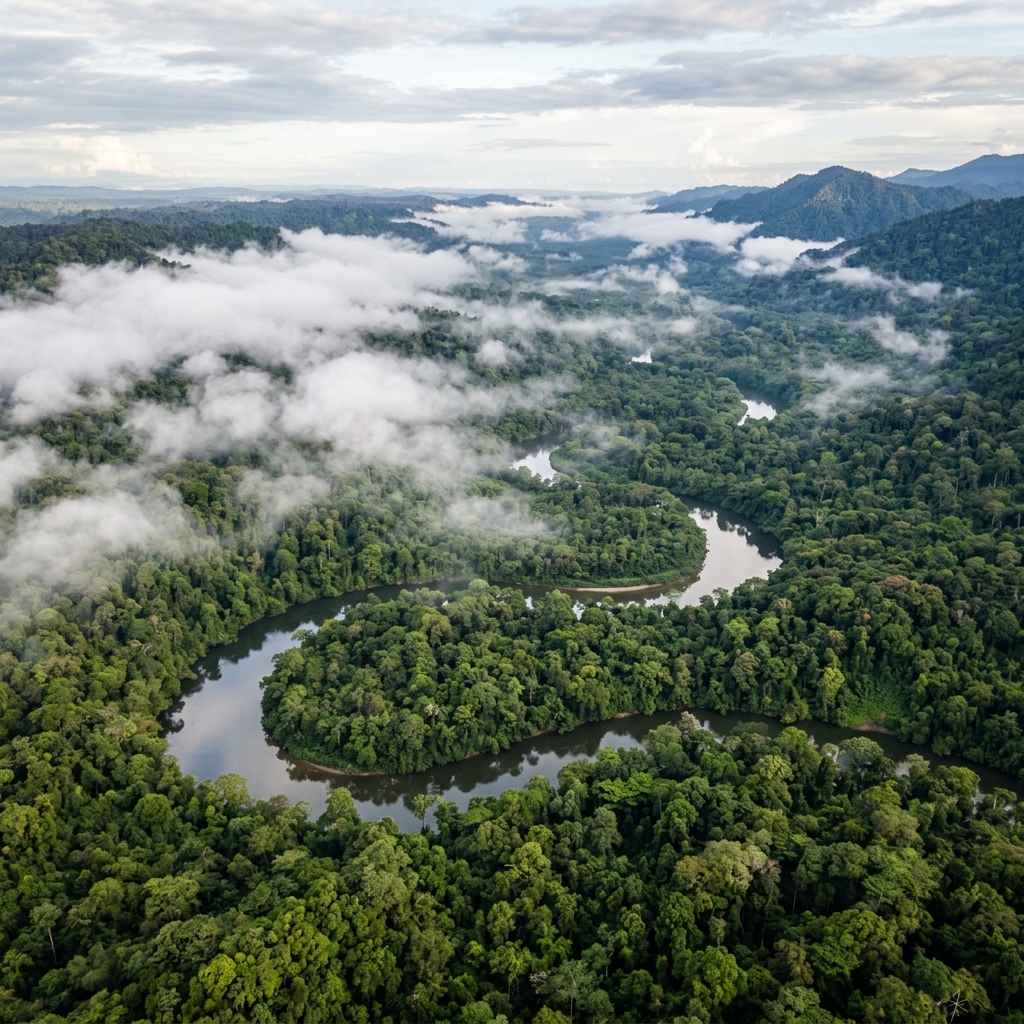 Aerial view of the lush, dense canopy and winding rivers within Los Katíos National Park.