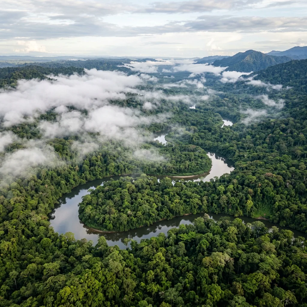 Aerial view of the lush, dense canopy and winding rivers within Los Katíos National Park.