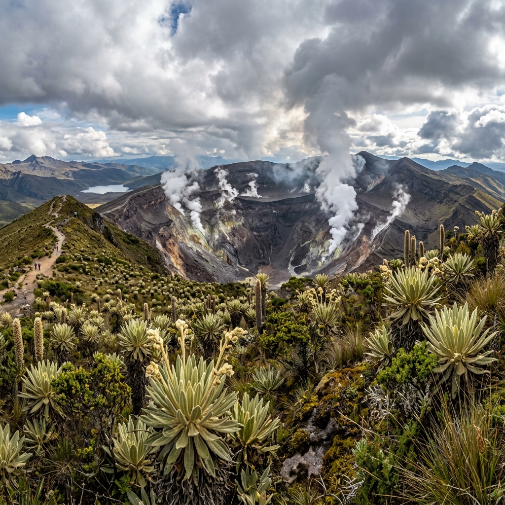 A panoramic view of the smoking Puracé Volcano crater surrounded by high-altitude paramo vegetation.