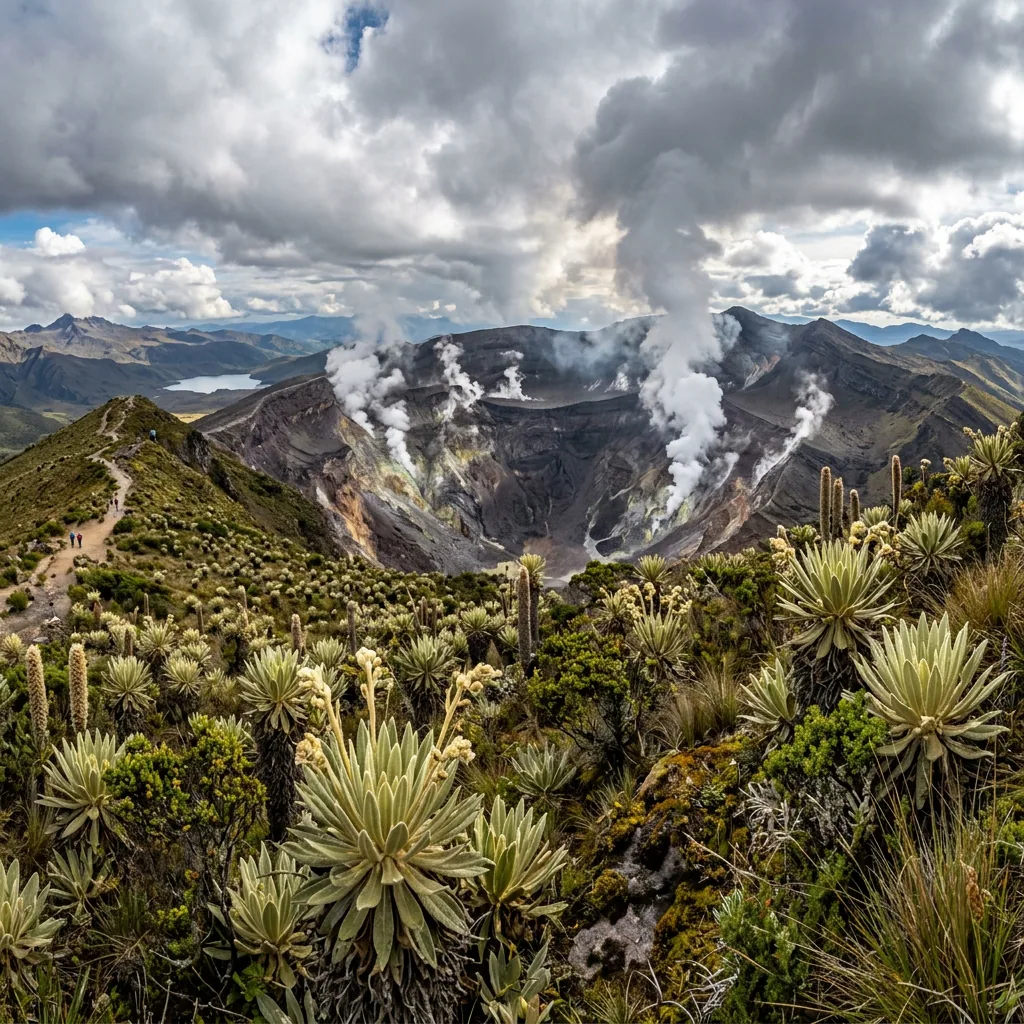 A panoramic view of the smoking Puracé Volcano crater surrounded by high-altitude paramo vegetation.