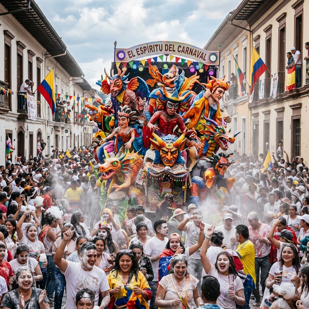 A vibrant, giant paper-mache sculpture float moving through the streets of Pasto during the Blancos y Negros Carnival.