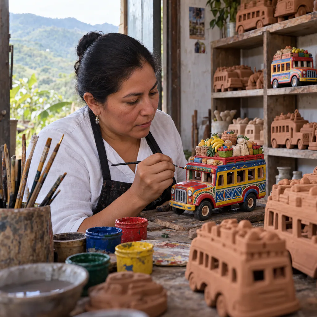 An artisan painting a colorful clay chiva in a Pitalito workshop surrounded by coffee and ceramic pieces.