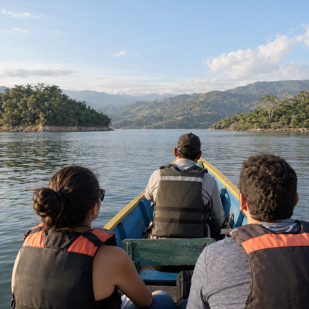 Travelers wearing life jackets cross the calm Prado Reservoir by wooden launch beneath the green hills of Tolima.