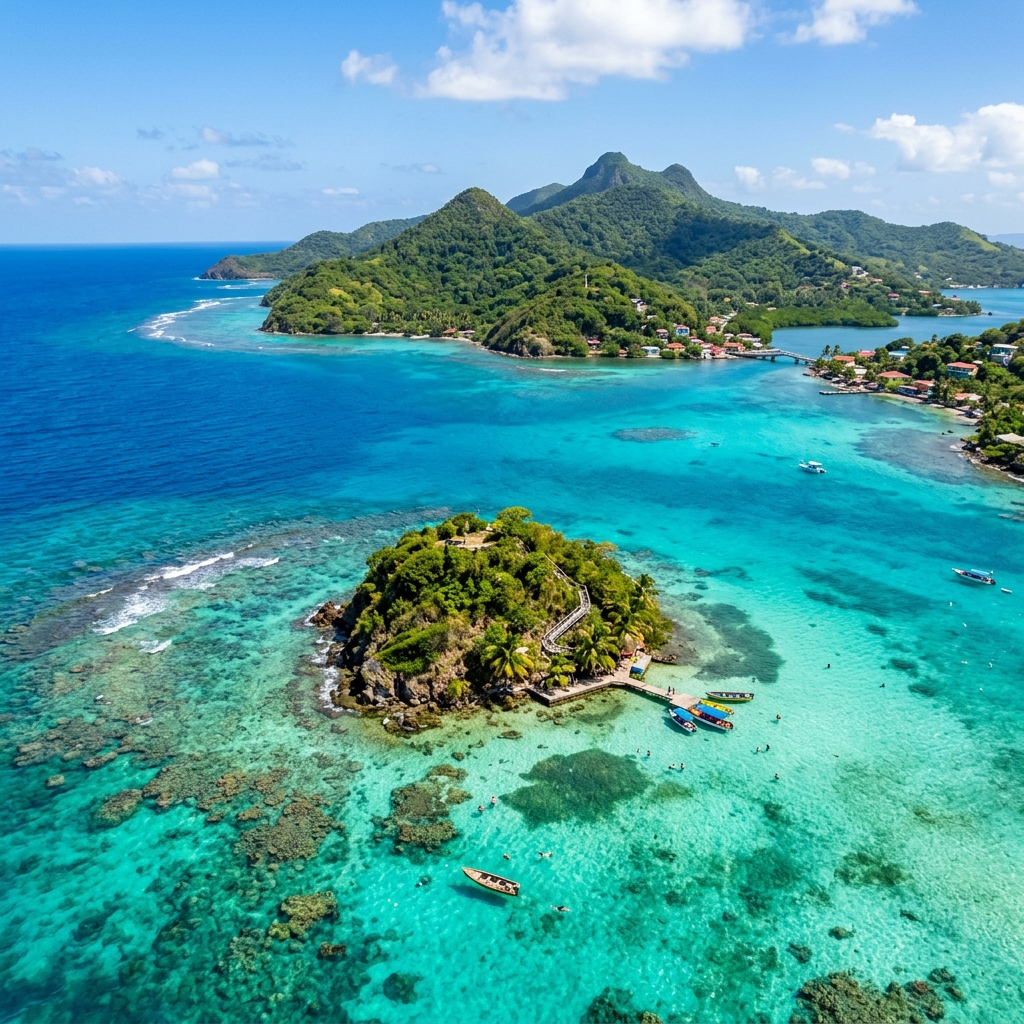 Aerial view of the turquoise waters and lush green mountain peaks of Providencia Island.