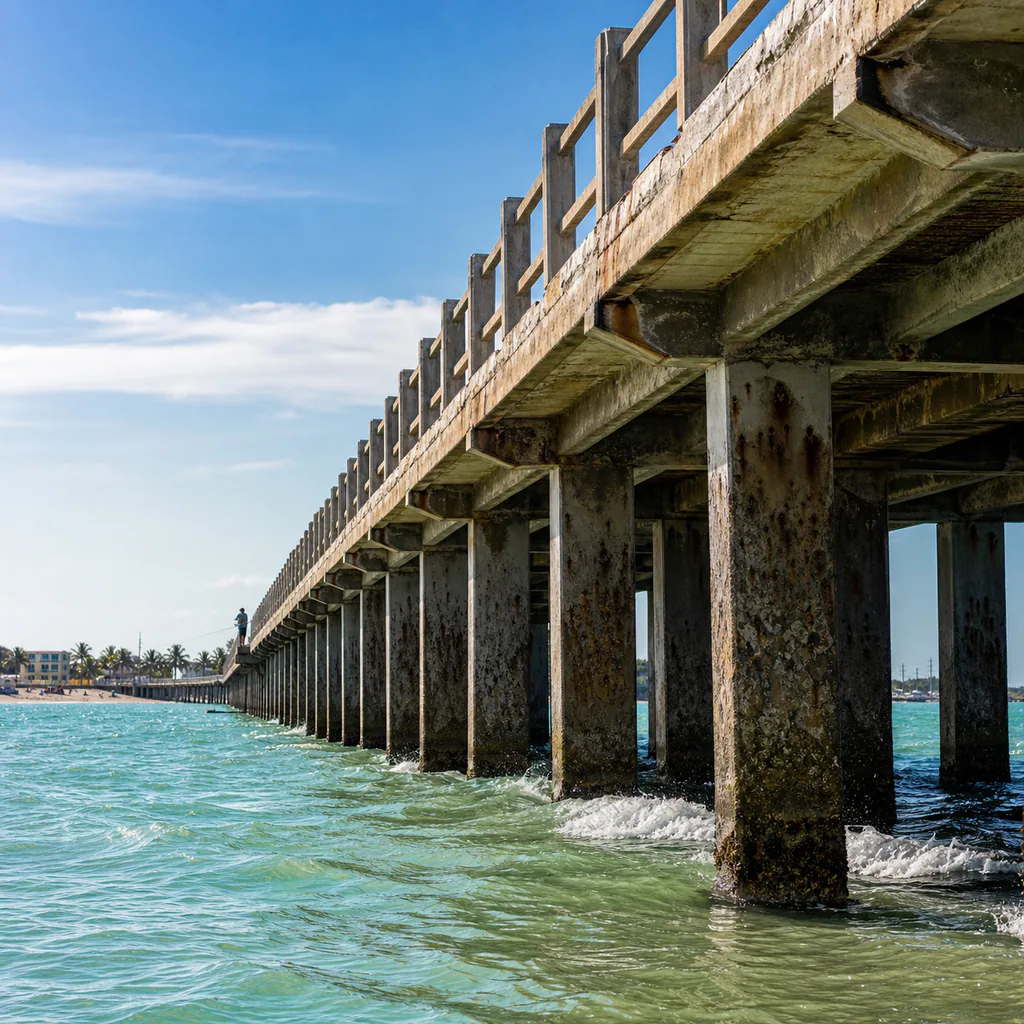 A low-angle view along the weathered supports of Puerto Colombia's historic pier above turquoise Caribbean water.