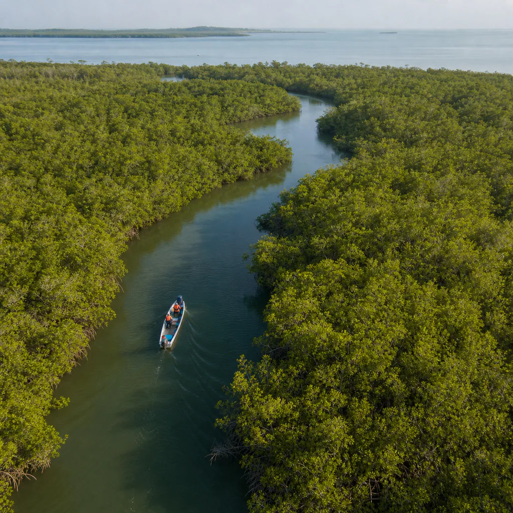 A realistic aerial view of a small guided boat following a winding channel through the dense mangroves of Bahía de Cispatá near San Antero, Córdoba.