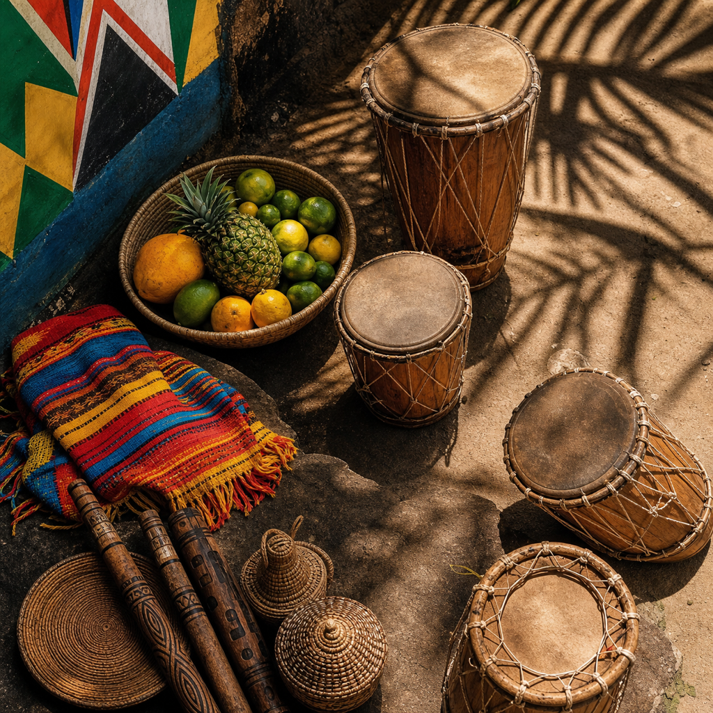 Traditional drums, woven baskets, tropical fruit, and bright Caribbean textiles arranged on sunlit earthen ground in San Basilio de Palenque, Bolivar.