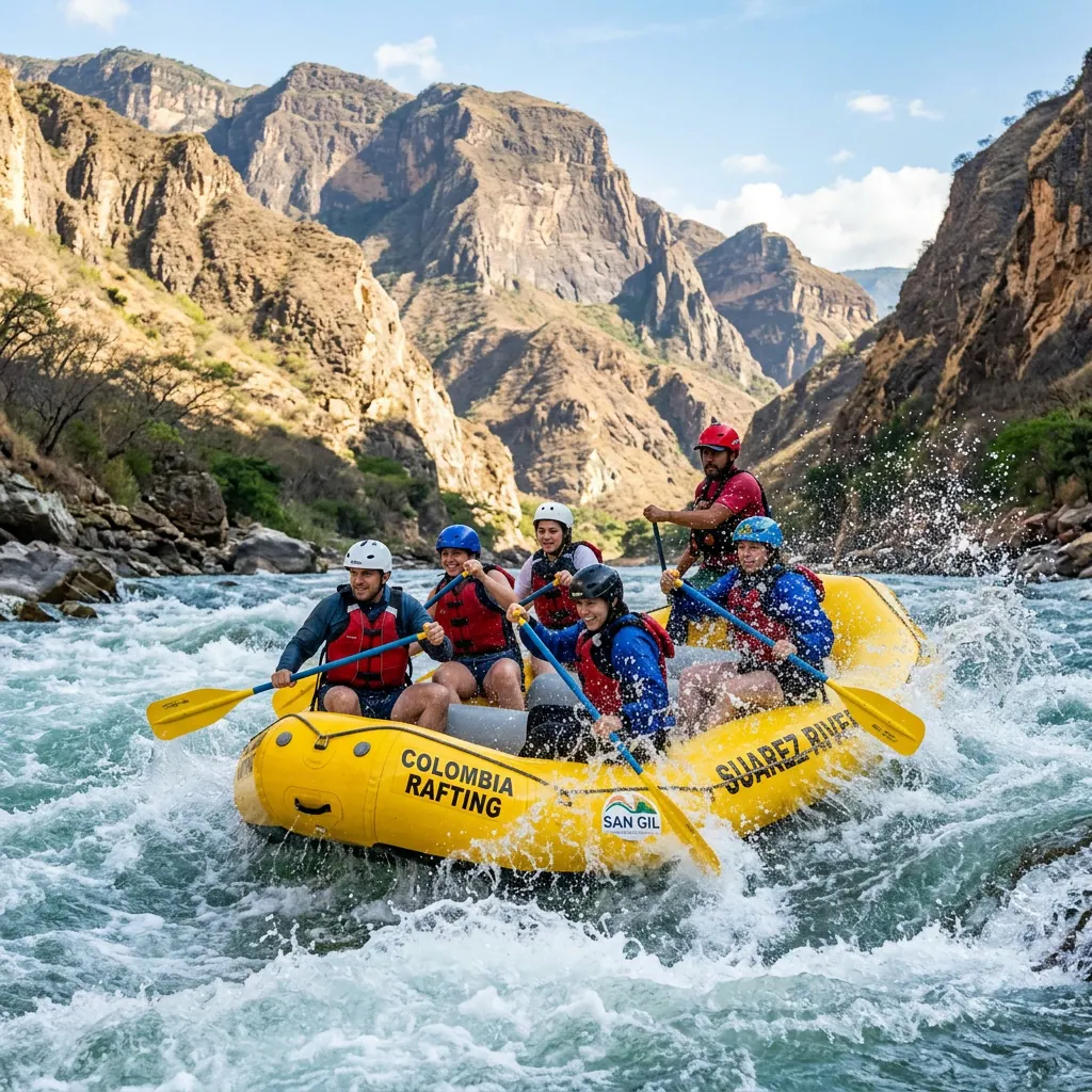 Adventurous travelers navigating a white-water raft through the powerful rapids of the Suárez River near San Gil, Santander, surrounded by rugged canyon walls.