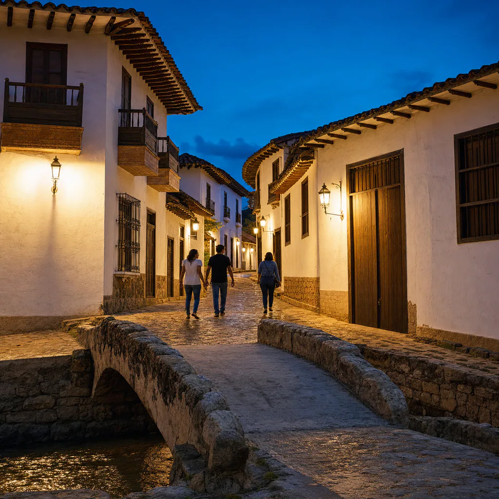 Adults walking across a small stone bridge toward whitewashed colonial streets illuminated by lanterns in San Juan de Girón at blue hour.