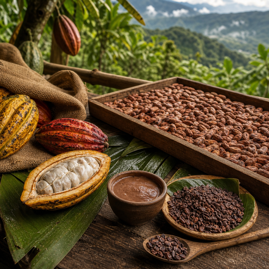 Fresh cacao pods, fermented beans, roasted nibs, and a clay cup of hot chocolate on a rustic farm table in San Vicente de Chucurí, Santander.