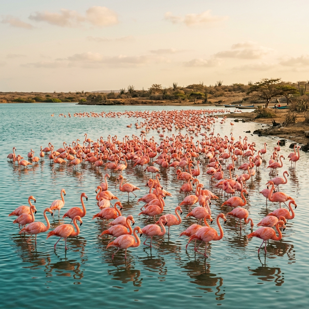 A vibrant flock of flamingos standing in the shallow teal waters of the La Guajira lagoon.