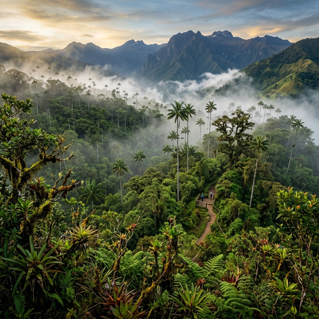 A lush, green cloud forest canopy transitioning into high altitude Andean peaks in the Otún Quimbaya region.