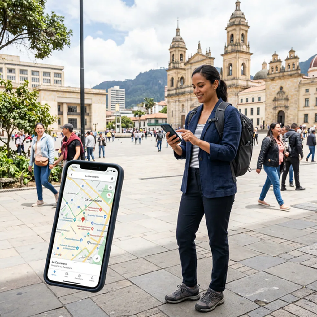 A modern, well-lit street in the El Retiro neighborhood of Bogotá, where locals and tourists enjoy outdoor cafes, illustrating the safe urban spaces in Colombia in 2026.