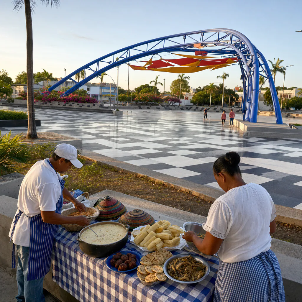 Local vendors arrange regional Sucre dishes beside the geometric paving and blue arch of Plaza de Majagual in Sincelejo at sunrise.