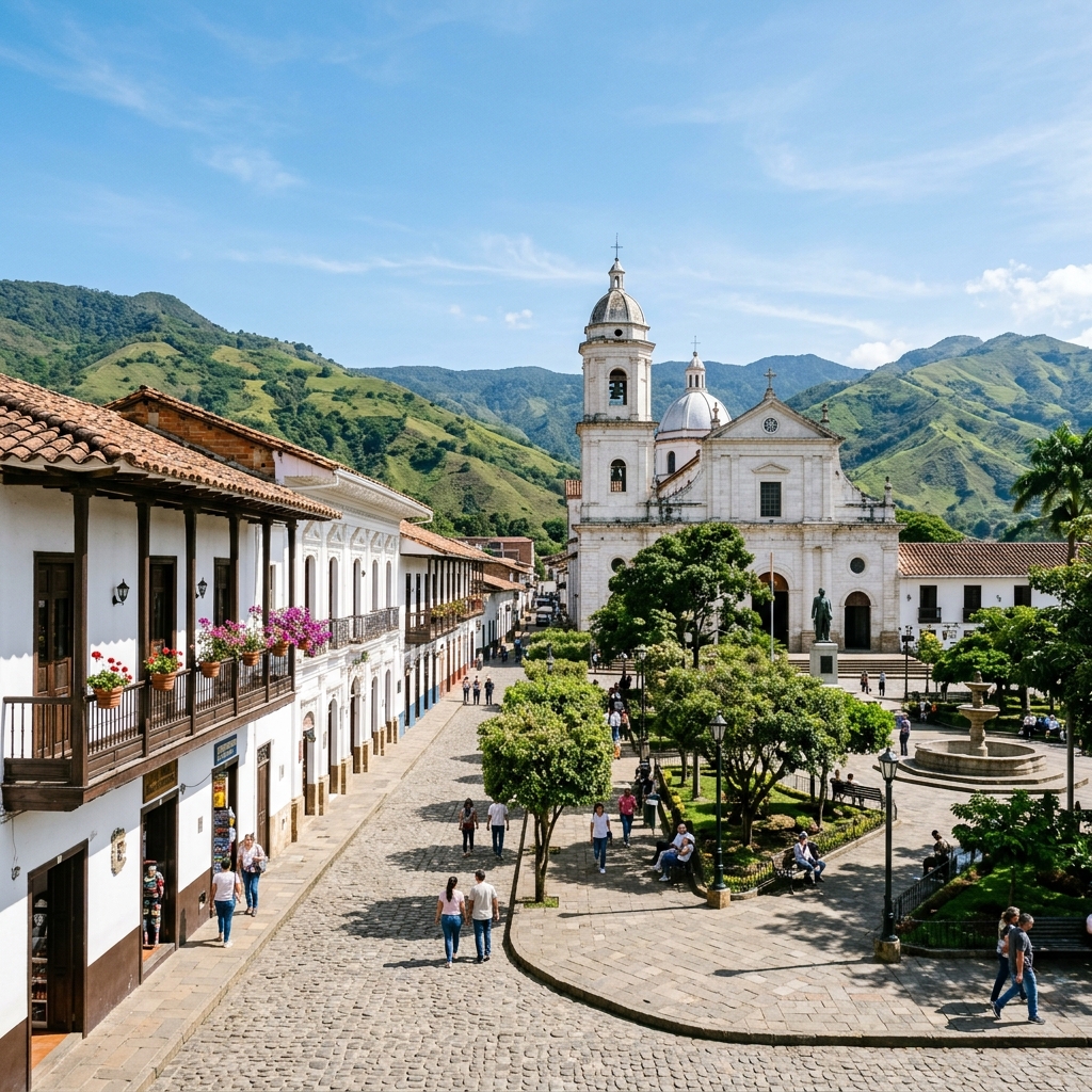 The historic white colonial buildings surrounding the main square of Socorro, Santander under a clear blue sky.