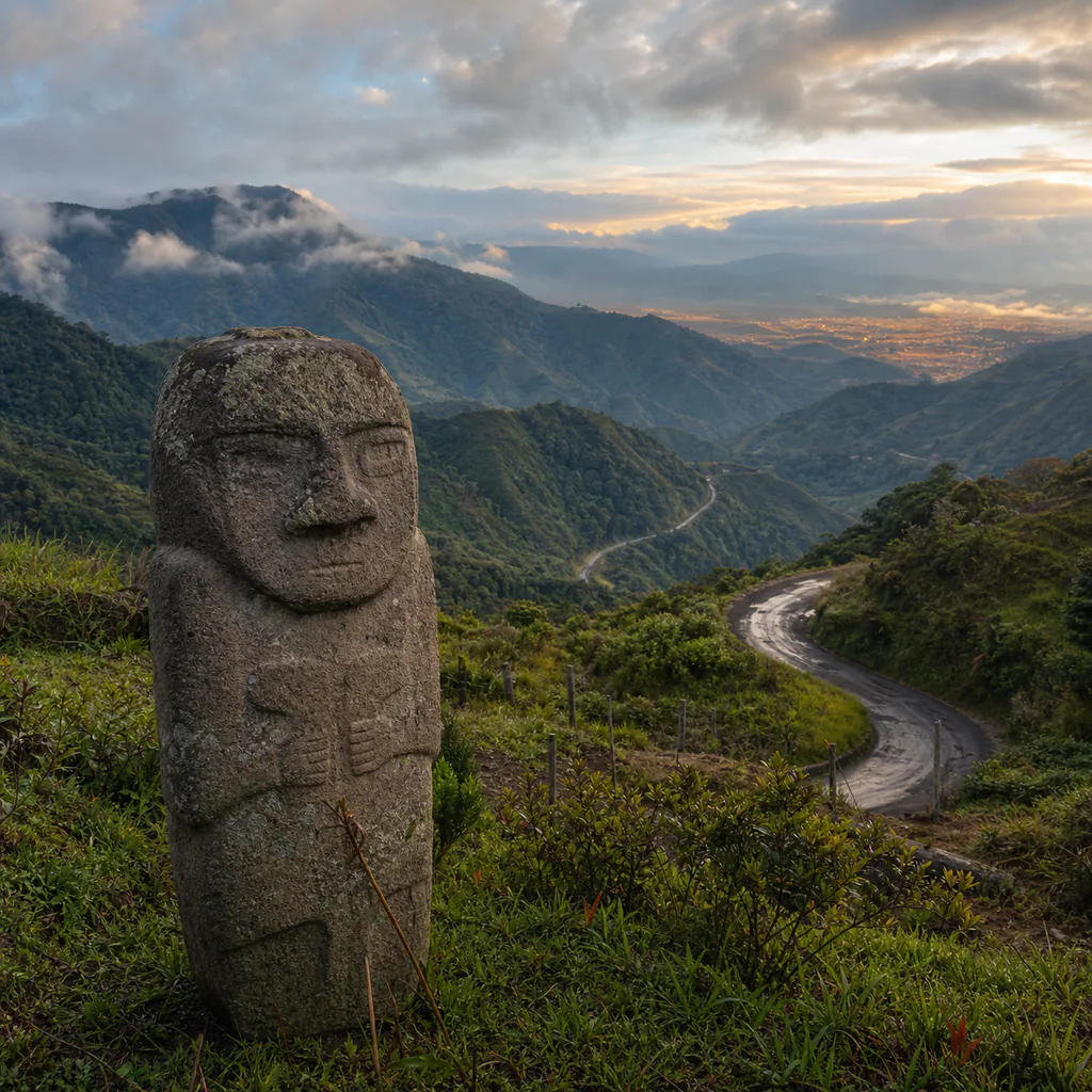 A pre-Columbian stone guardian overlooking a winding road through the green mountains of Colombia's Southern Andes at sunset.