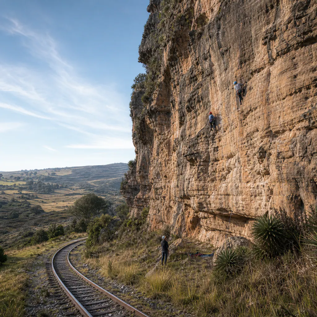 Golden morning light on the sandstone cliffs of Suesca, Cundinamarca, with climbers on the rock face, train tracks, and high Andean savanna below.