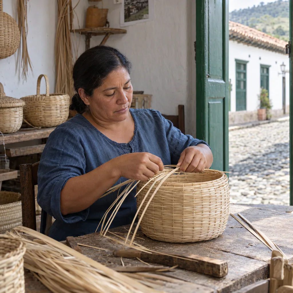 An artisan weaves a chin cane basket in a whitewashed workshop with an open green doorway in Tenza, Boyacá.