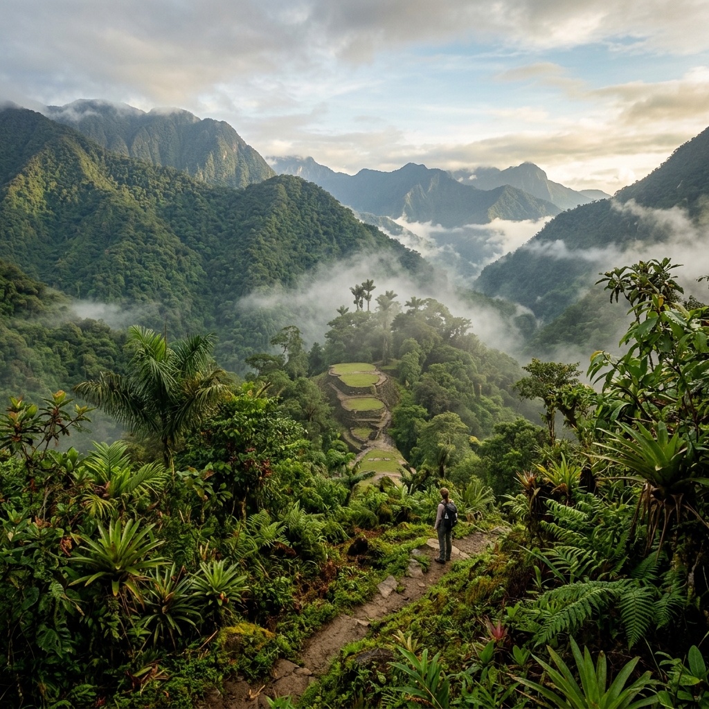A lush, misty vista of the Colombian Andes jungle, hinting at ancient mysteries.
