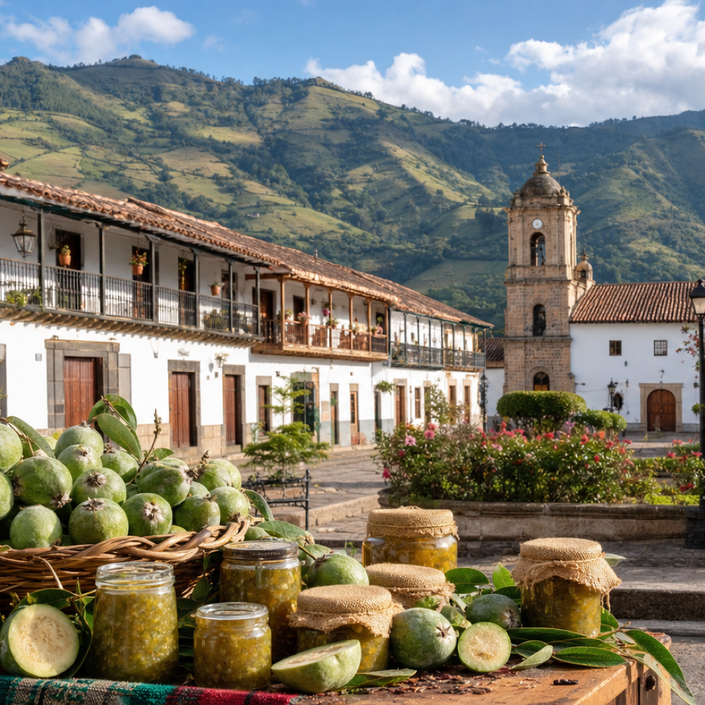 A bright Andean town square in Tibasosa, Boyacá, with colonial houses, mountain scenery, gardens, and fresh feijoa fruit.