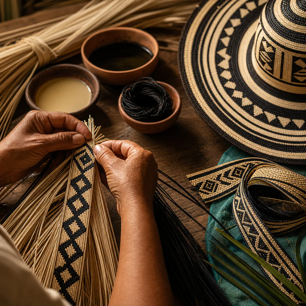 A square editorial illustration of a Zenú caña flecha weaving workshop in Tuchín with black and cream sombrero vueltiao patterns, palm fiber, artisan hands, and warm Córdoba light.