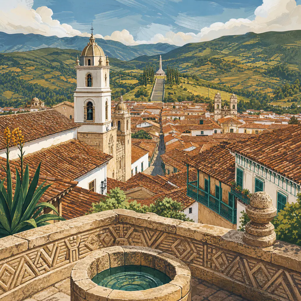 A dramatic square travel illustration of Tunja with colonial red rooftops, white church towers, stone balconies, Muisca-inspired patterns, and green Boyacá mountains under crisp highland light.