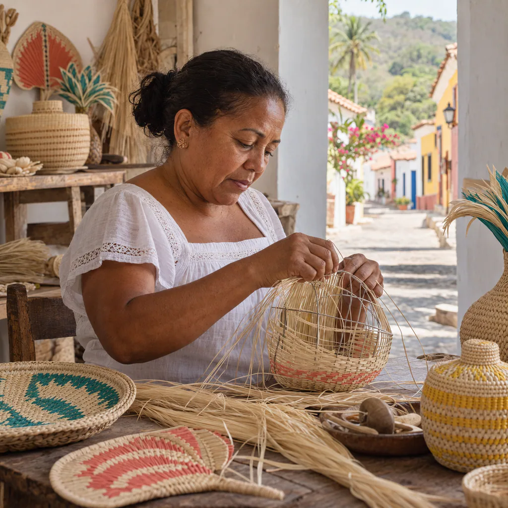 An artisan weaving natural iraca palm fibers in a shaded workshop in Usiacurí, Atlántico.