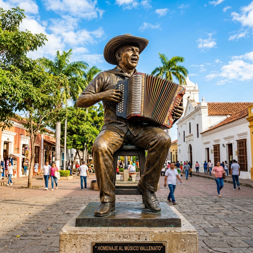A vibrant outdoor statue of a Vallenato musician playing an accordion in a sunny public square in Valledupar.