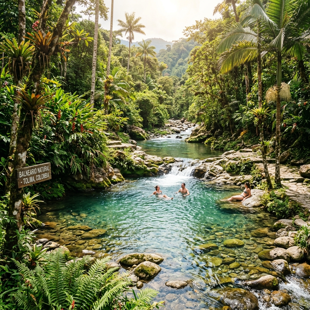 A beautiful natural swimming pool (balneario) in Venadillo, Tolima, surrounded by tropical forest and green palm trees.