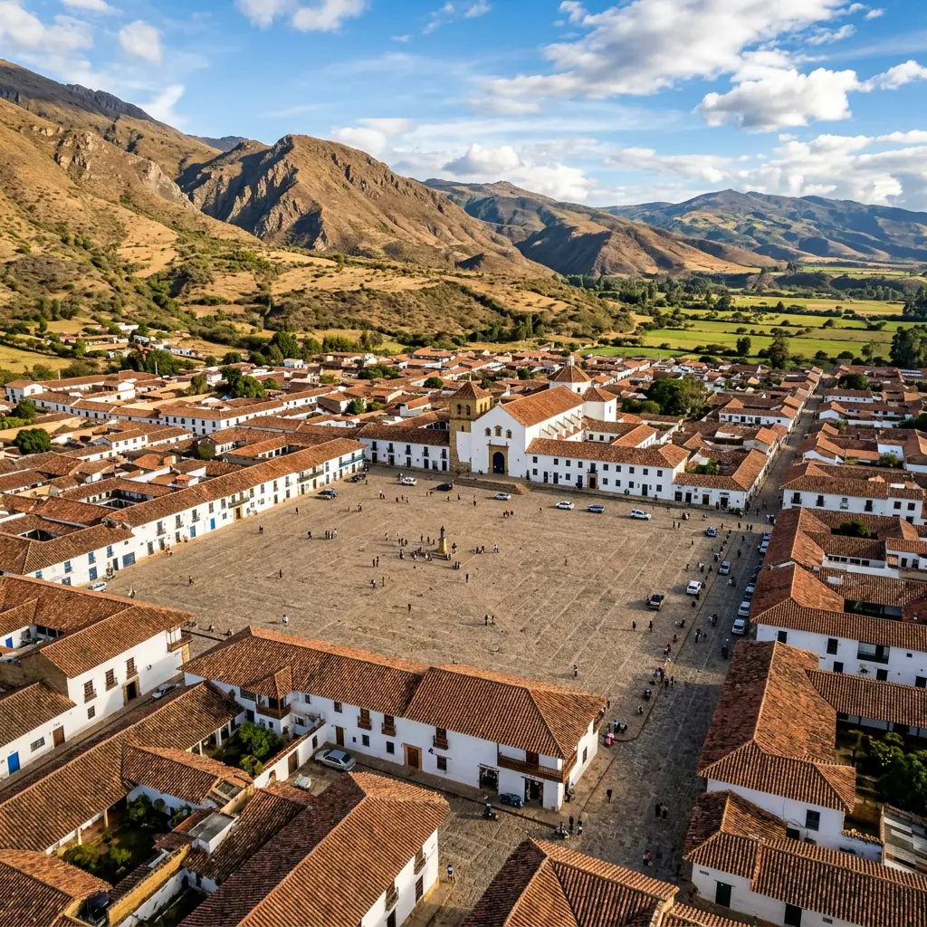 The vast, cobblestone Plaza Mayor of Villa de Leyva, Colombia, surrounded by white colonial buildings and high Andean mountains under a clear blue sky.