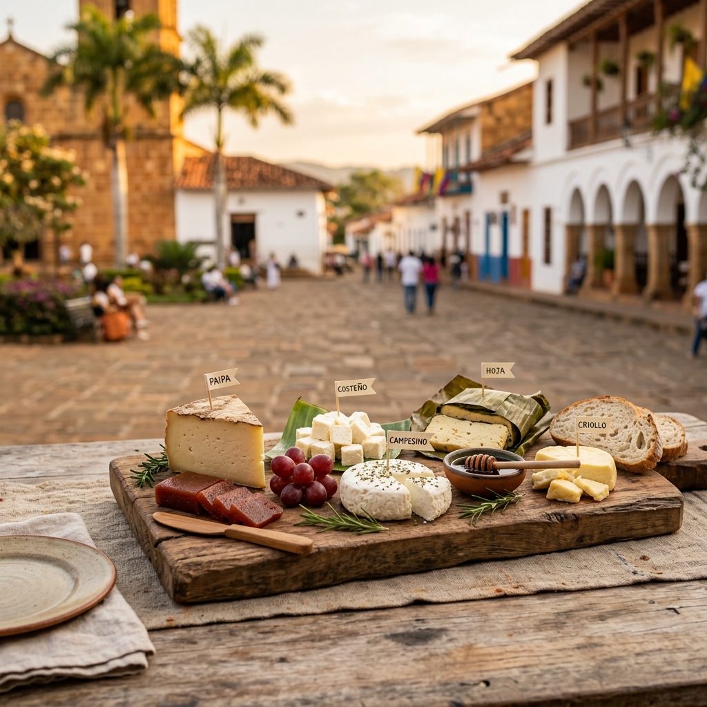 A traditional wooden board featuring an array of artisanal cheeses from Ubaté, set against a blurred colonial town square background.