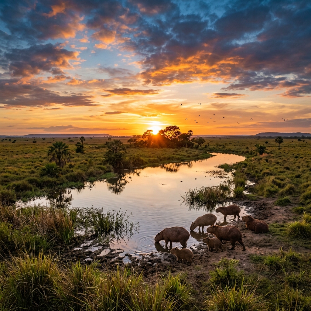 A breathtaking sunset over the vast Colombian plains with capybaras near a watering hole.