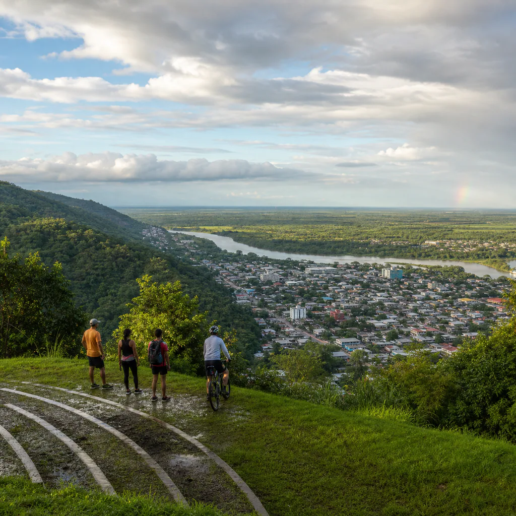 Adult hikers and a cyclist overlook Yopal, the Cravo Sur River, and the green Casanare plains after a tropical rain shower.