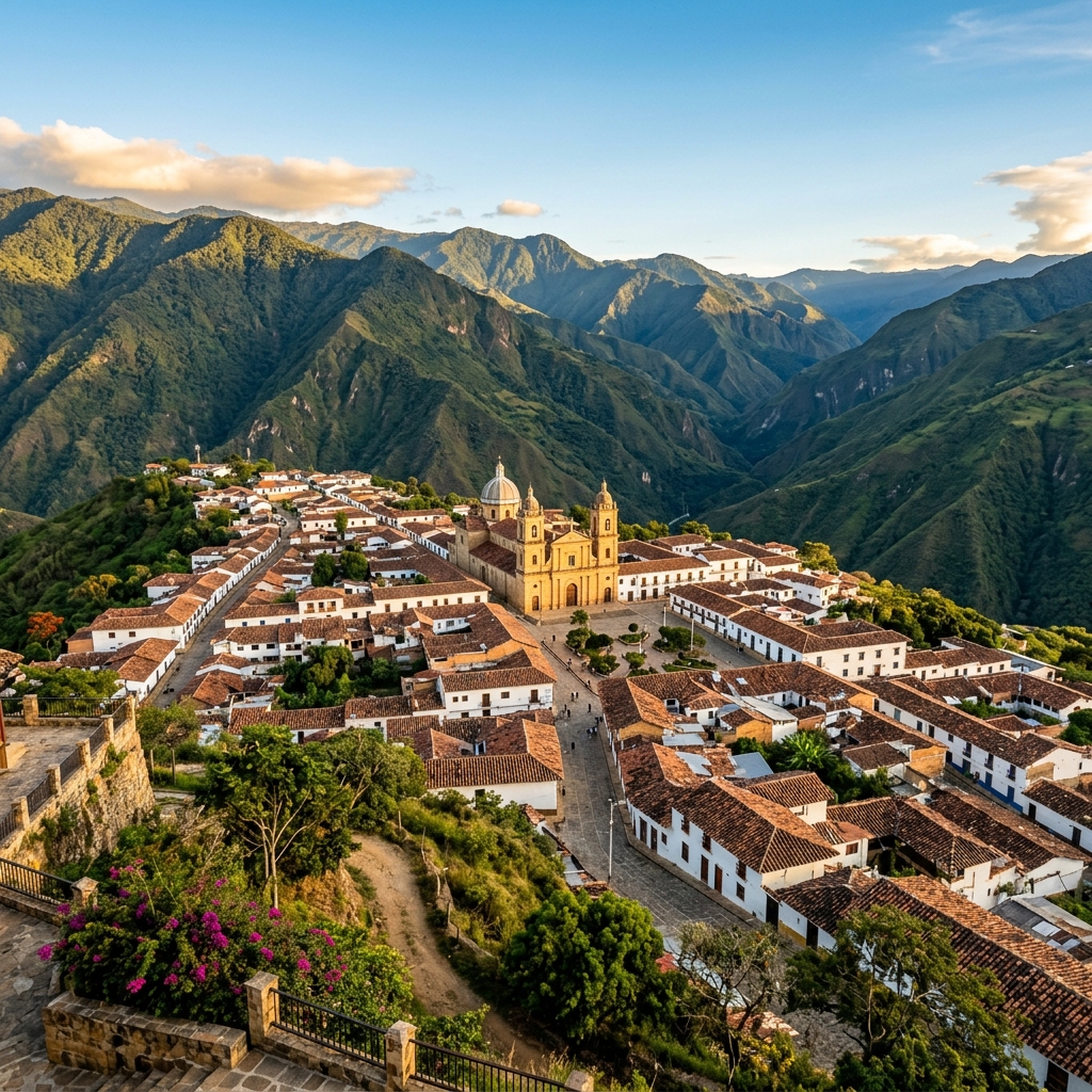 A panoramic view of the white-washed colonial town of Zapatoca nestled against the dramatic ridges of the Suarez Canyon.