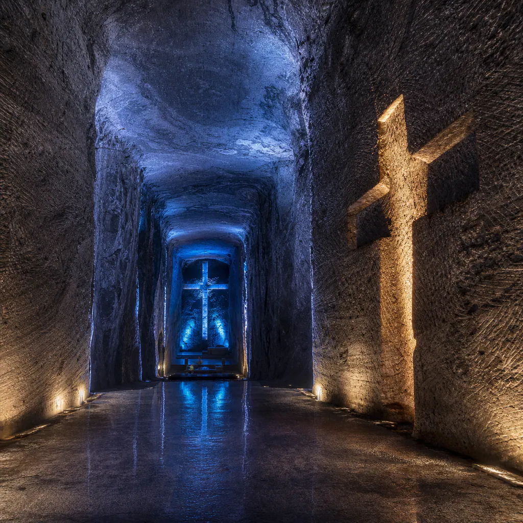 A dramatic underground salt cathedral chamber in Zipaquirá with carved stone crosses, blue and amber lighting, and reflective salt textures.